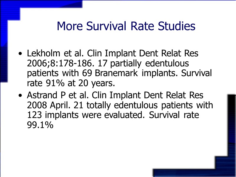 More Survival Rate Studies  Lekholm et al. Clin Implant Dent Relat Res 2006;8:178-186.